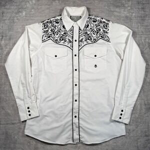 Old West Shirt Mens Medium White Pearl Snap Embroidered Yoke Floral Cowboy Rodeo